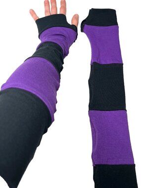 ORGANIC COTTON Long Striped Gloves Purple Hand Warmers Black Armwarmer Patchwork